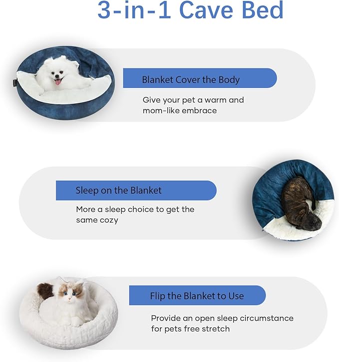 Cozy Soft Dog Bed with Hooded Blanket Warm Calming Cat Cave for Small Medium Dogs and Cats 26x26x7″