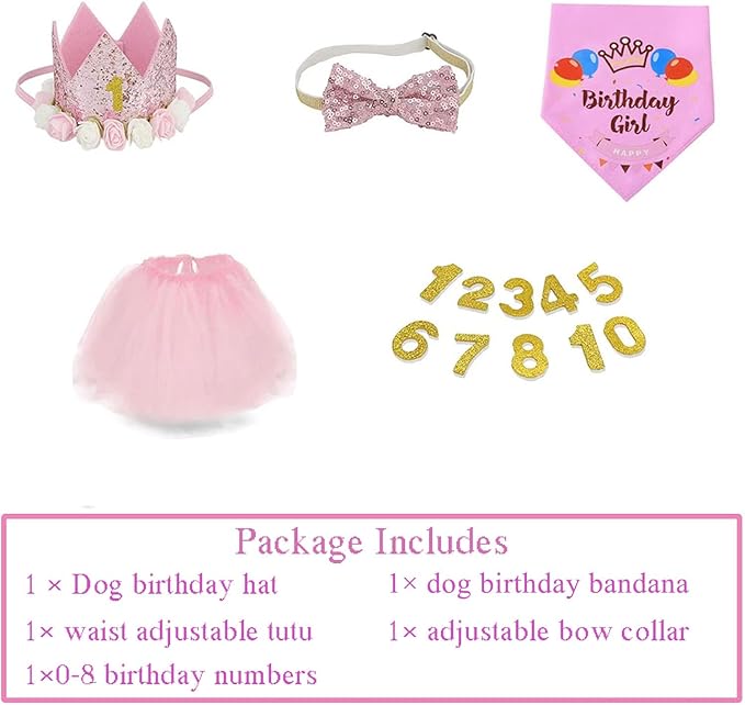 Dog Birthday Party Supplies Set,Boy Girls Dog Birthday Bandana,Cute Small dog Birthday Hat,Tutu,Dog Bow Tie Collar with 0-8 Numbers,Birthday Decorations for pet,Dogs&cats First Birthday (pink-1, Small