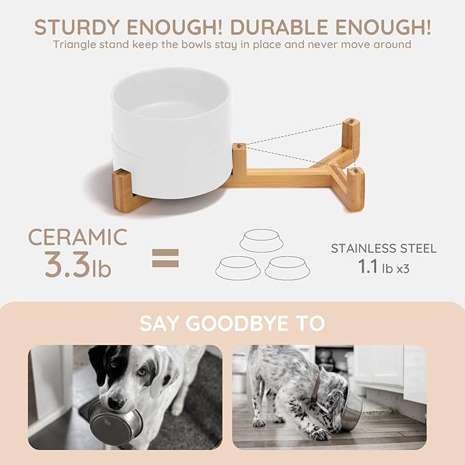 SPUNKYJUNKY Ceramic Dog and Cat Bowl with Wood 13.5 OZ