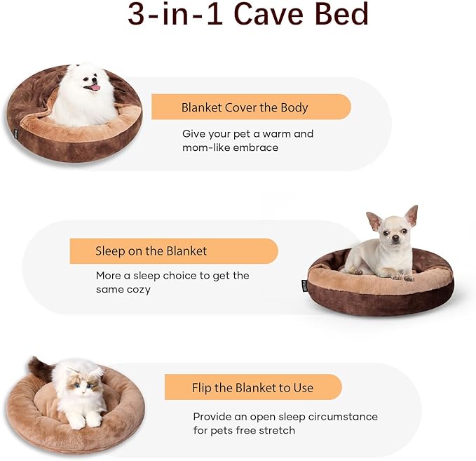 Cozy Soft Dog Bed with Hooded Blanket Warm Calming Cat Cave for Small Medium Dogs and Cats 23x23x6″