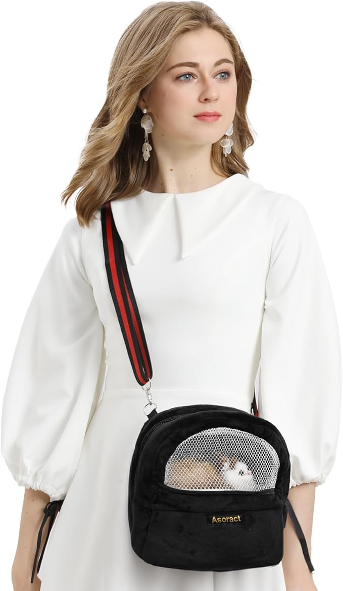 Sugar Glider Pouch Bonding Fleece Guinea Pig Carrier, Soft Comfortable Going Out Small Pets Sleeping Bag with Adjustable Strap,Breathable Mesh Window and Removable Mat for Hedgehogs (Black, L1)