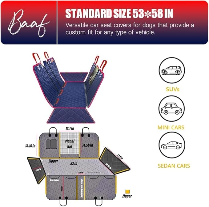 Luxurious 8 in 1: Baaf Dog Car Seat Cover with Food/Water Container (53" W 58" L))