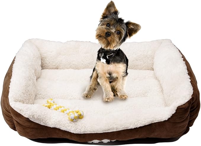 047393528421 Rectangle Pet Bed with Dog Paw Printing Toys 25" x 21", Brown/Coffee