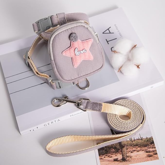 Pet Backpack Harness with Star Design Leash Pocket Saddle Bags Puppy Bag with Training Lead Leash for Doggie Outdoor Travel Hiking Walking Adjustable Easy Control Dog Vest for Dog(Grey