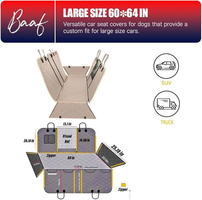 Luxurious 8 in 1: Baaf Dog Car Seat Cover with Food/Water Container (60" W 64" L))