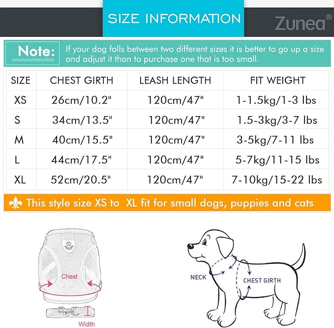 Zunea Small Dog Harness and Leash Set No