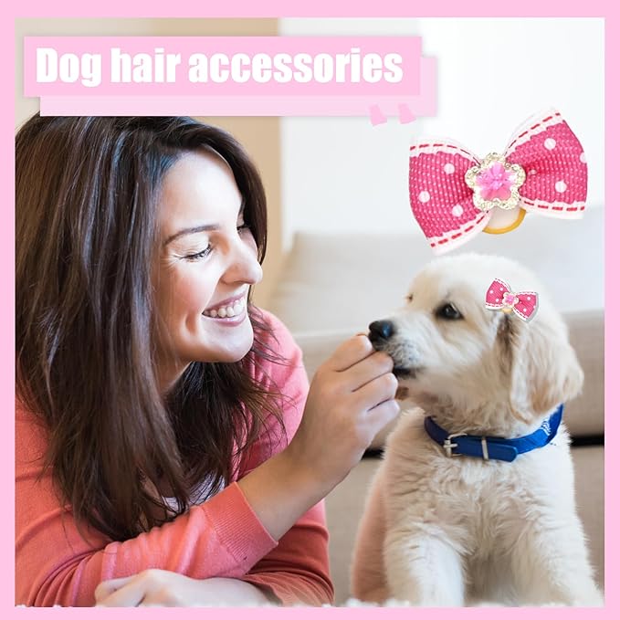 12 Pcs Small Dog Hair Bows with Rubber Bands Bowknot Dog Hair Accessories for Puppy Kitten (Pink)
