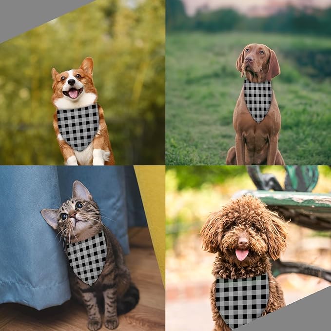 Black White Grid Dog Bandana Washable Pets Scarf Triangle Adjustable Handkerchief