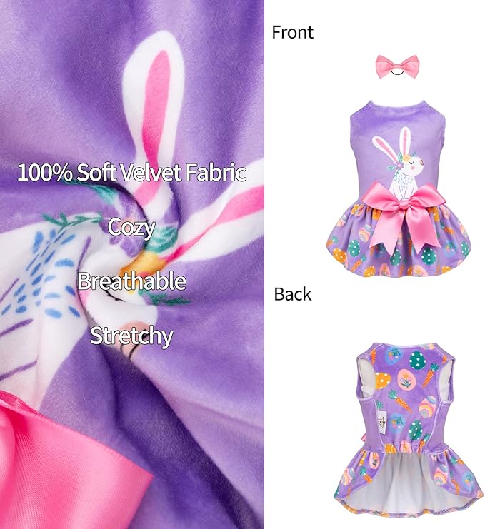 CuteBone White Rabbit Dog Easter Dress Velvet for Small Dogs Girl Eggs Skirt Puppy Purple Dresses Dog Clothes CVA19XS-D
