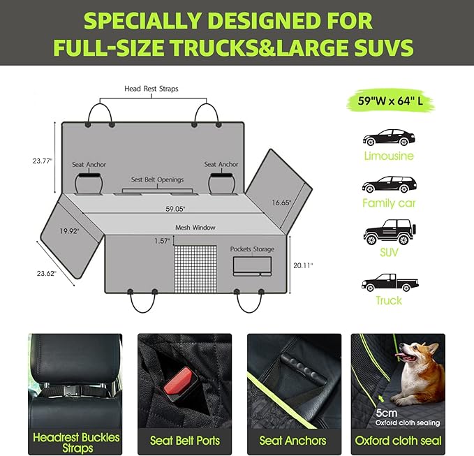 nzonpet Dog Back Seat Covers for Trucks 100% Waterproof F150- Green