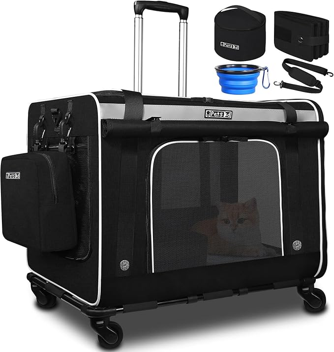 Petskd Extra Large Cat Carrier with Wheels and Litter Box 24"x17"x17" Rolling 55LBS Pets 5 Breathable