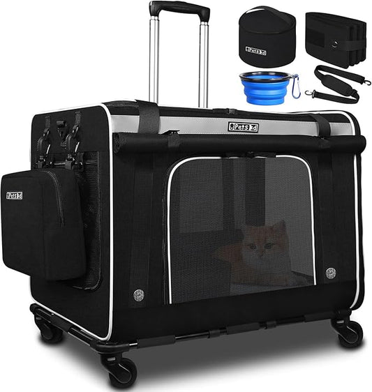 Petskd Extra Large Cat Carrier with Wheels and Litter Box 24"x17"x17" Rolling 55LBS Pets 5 Breathable
