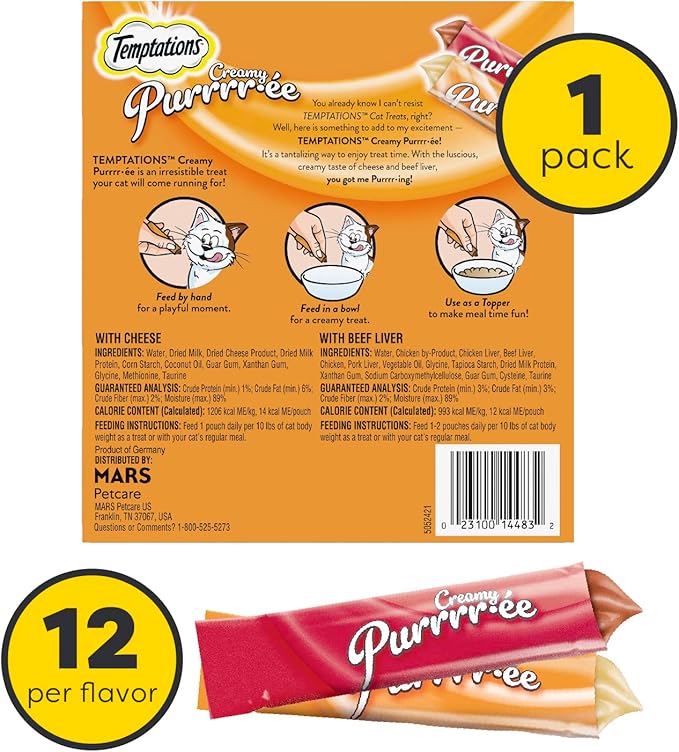 Temptations Creamy Puree Squeezable Lickable Wet Cat Treat Variety Pack 0.42 oz. 24