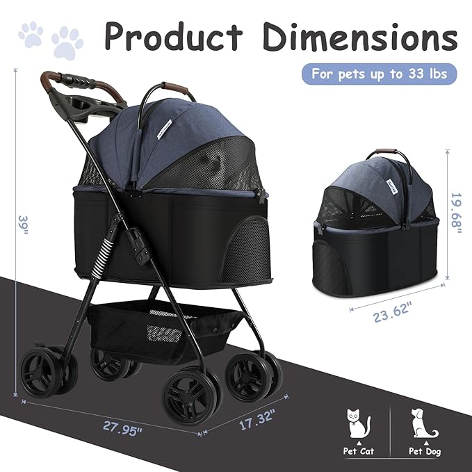 SWITTE Dog Stroller 3 in 1 Folding Pet Stroller 4 Wheels