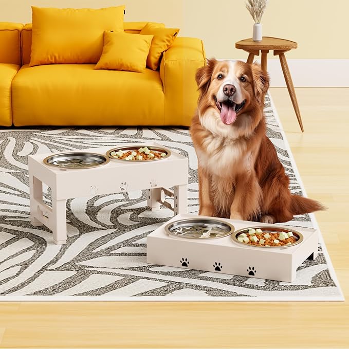 Elevated Dog Bowls 5 Height Adjustable Non-Slip Stand Adjusts to 3.1" 9", 10", 11", & 12" with 2 Stainless