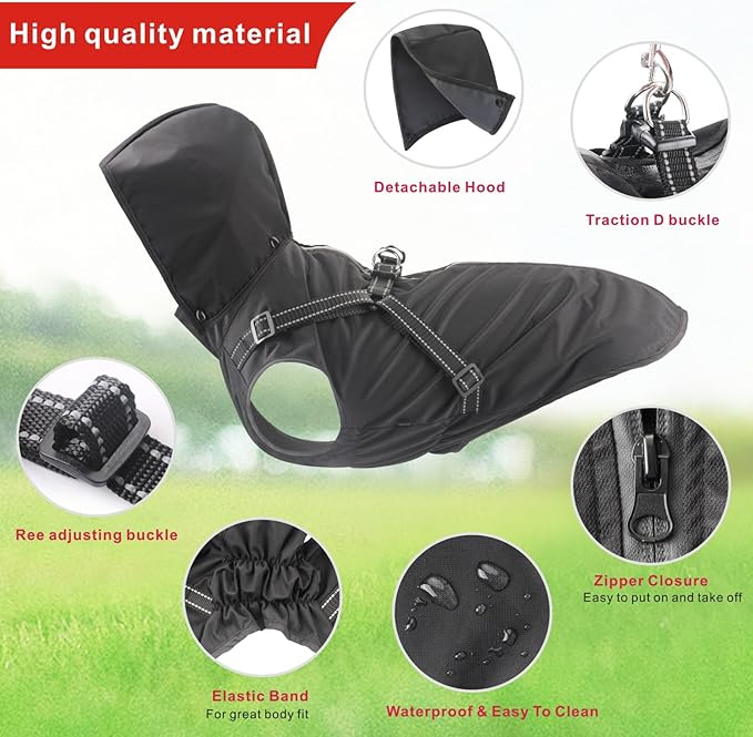Mosucoirl Dog Raincoat Waterproof Dog Hoodie Reflective Dog Raincoat Hooded Adjustable Rain Jacket for Small Medium Large Dogs Puppies (Black, XL)