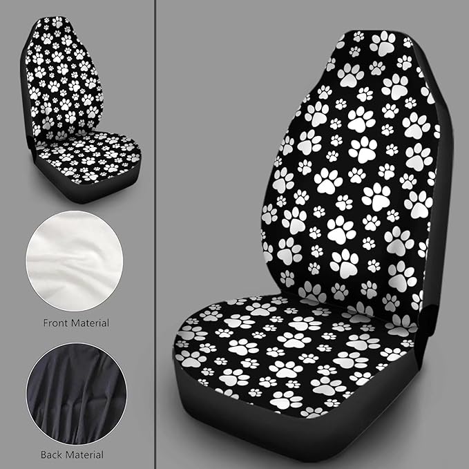 Black White Dog Paw Printed Universal Car Seat Cover Set of 2