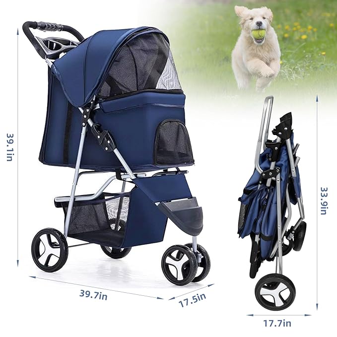 Foldable Dog Stroller for Small Medium Dog Cat 3 Wheels