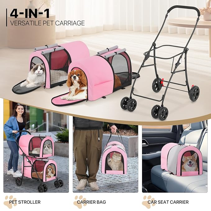MoNiBloom Double Dog Stroller with Detachable Carrier Bags Large 4 Wheels Foldable Jogger for Small and Medium Dog Cats