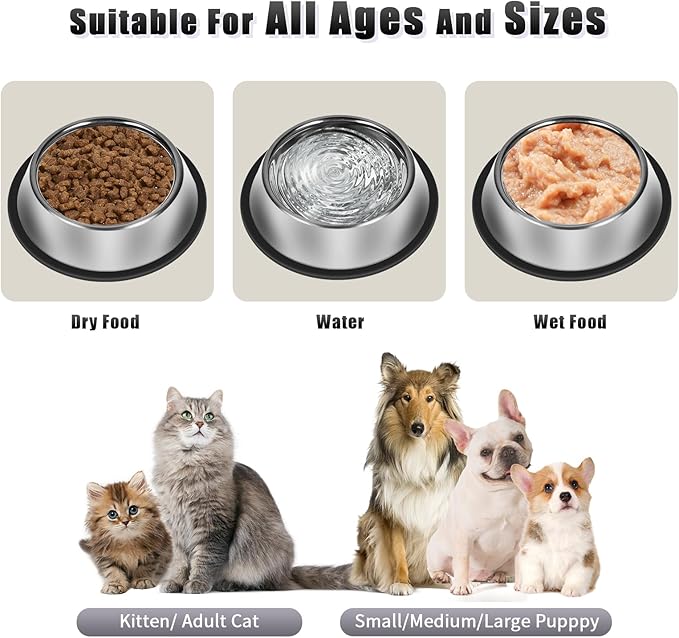 3Pcs Stainless Steel Dog Bowls Non-Slip Dog Food 13 Oz