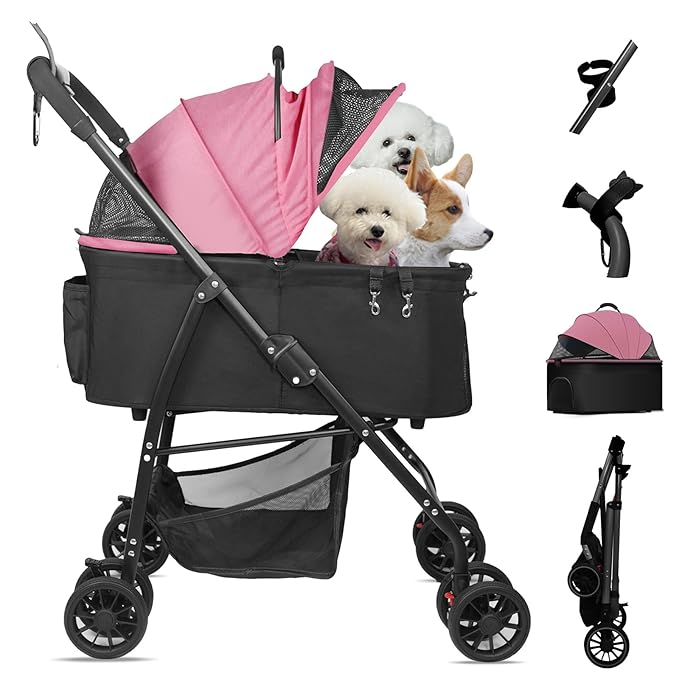 MILA&LOUIS Foldable Dog Stroller 4 Wheels 3 in 1 Folding 30lbs