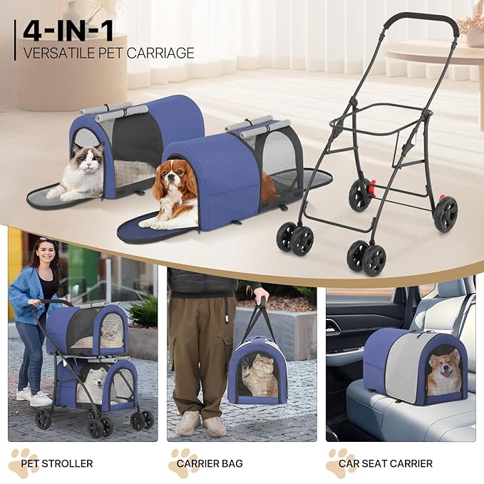 MoNiBloom Double Dog Stroller with Detachable Carrier Bags Large 4 Wheels Foldable Jogger for Small and Medium Dog Cats