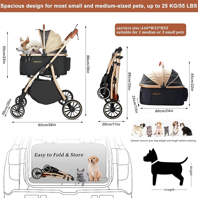 MILA&LOUIS 3 in 1 Folding Dog Stroller 4 Wheels 30lbs, Dog
