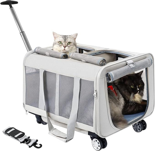 Rolling Cat Carrier for Two Cats with Wheels 2 Large 2 Cats 21" x 17" x 13",Not Airline