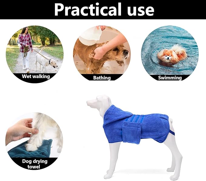 Geyecete Dog Drying Coat with Hood for After Drying-Blue-3XL