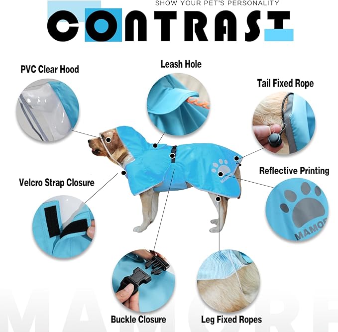 MAMORE Dog Raincoat Hooded Rain Jacket for Small Medium Large Dogs Slicker Poncho Bottom Waterproof Adjustable Reflective Breathable Leash Hole (Blue, XXX-Large)