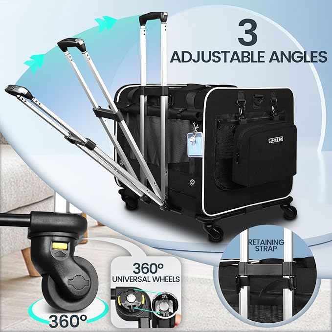 Petskd Extra Large Cat Carrier with Wheels and Litter Box 24"x17"x17" Rolling 55LBS Pets 5 Breathable