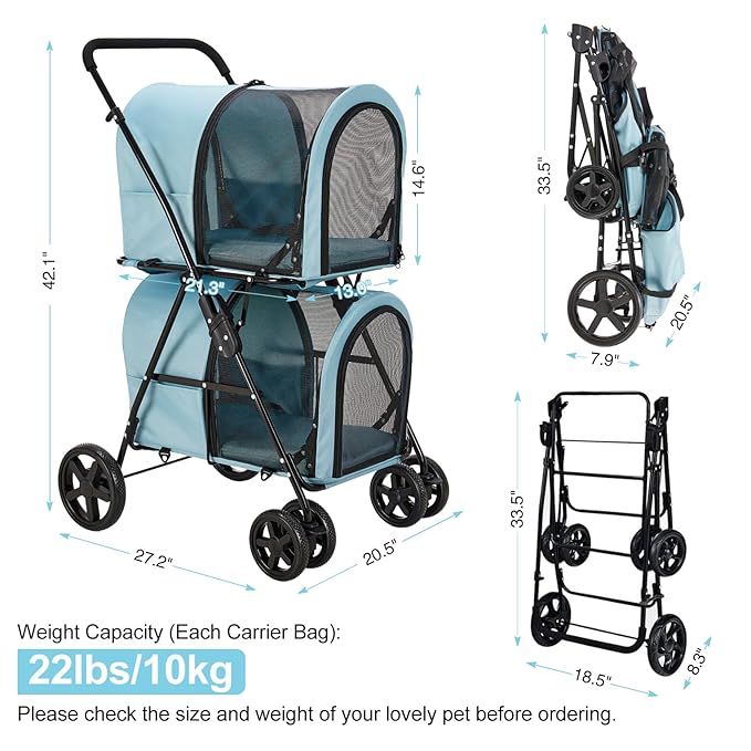 Double Pet Stroller for Dogs and Cats with 2 Detachable Carrier 4 Wheels,