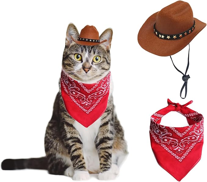 Dog Cowboy Hat Cat Cowboy Hat Mini Cowboy Hat for Dogs Cat Pet Cowboy Costume with Bandana Scarf Holiday Halloween Pet Party Decoration (brown