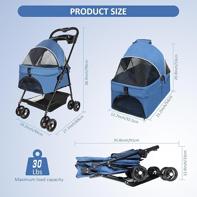 Pet Stroller for Cats/Dogs 4 Wheels 30lbs Small