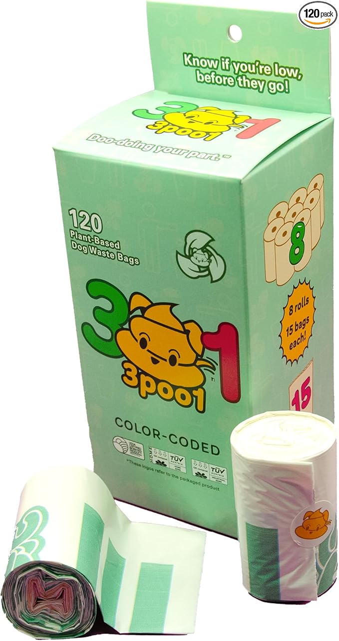 Color-Coded Dog Poop Bags 120 bags (8 rolls)