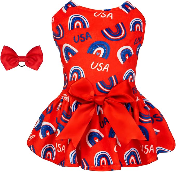 CuteBone Dog Dresses Velvet 4th of July Small Dogs Clothes Onesie Pet Apparel Girl Puppy Skirt with Bow Hair Rope CVA37M