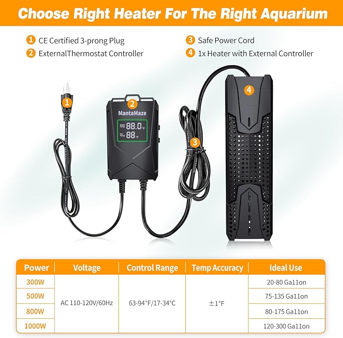 Aquarium Heater 300W/500W/800W/1000W for 20-300 Gal