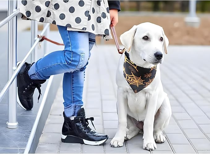 2PCS Fall Dog Bandanas,Thanksgiving Dog Scarf,Triangle Reversible Pet Outfit for Boys and Girls' Dogs,Pumpkin and Spider Web Bibs,Orange Plaid Halloween Dog Bandana for Medium to Large Dogs