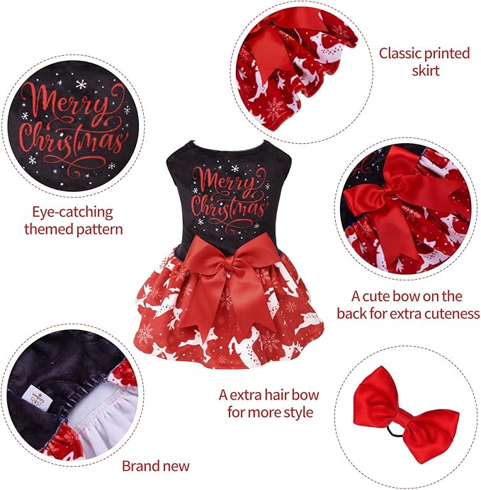 CuteBone Merry Christmas Dog Dress Velvet for Small Dogs Girl Reindeer Puppy Dresses Red Dog Clothes CVA04S-D