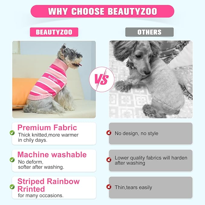BEAUTYZOO Small Dog Sweater- Striped Pet Sweaters for Fall Winter Dog Clothing, Turtleneck Pullover Knitwear for Small Medium Large Dogs, Warm Coat Outfits for Chihuahua Puppy Cat Boys Girls