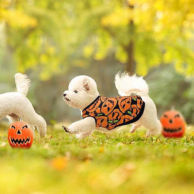 PET SHOW 4 Pack Halloween Dog Shirts for Small Dogs Ghost Pumpkin Doggies Tank Top Tee Black Orange T-Shirts Pets Holiday Party Sleeveless Vest Cats Kittens Puppy Clothes Boys Girls(Small)