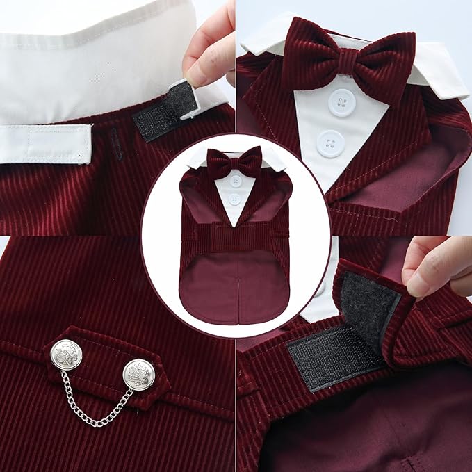 Puppy Velvet Tuxedo with Detachable Bowtie Prom Wedding Formal Wear Prince Costume for Small Dog (Medium