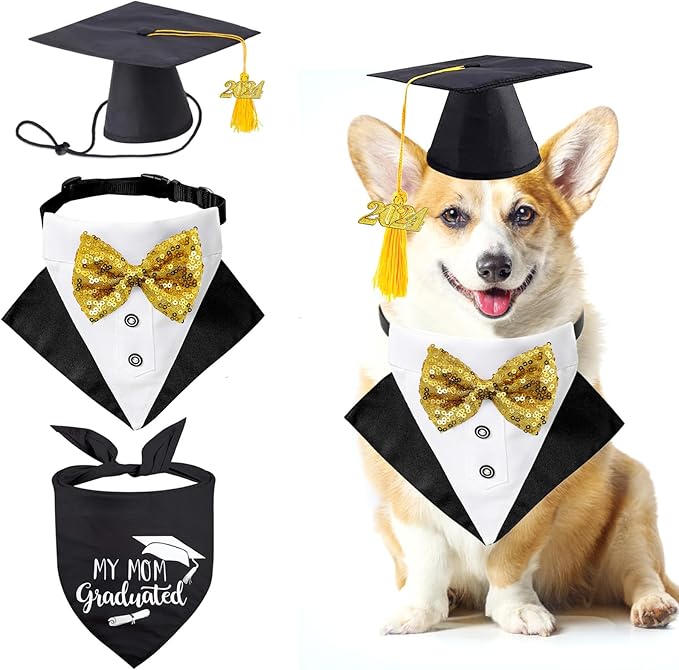 Pet Graduation Cap Dog Bandanas Collar Costume 3Pack Graduation Hat Triangle Scarf Grad Outfit Accessory for Dogs Cat Formal Tux Clothes with Bowtie Holiday Party Apparel (3PCS Gard Tux Set