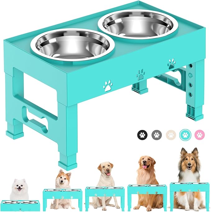 Elevated Dog Bowls 5 Height Adjustable Non-Slip Stand Adjusts to 3.1" 9", 10", 11", & 12" with 2 Stainless