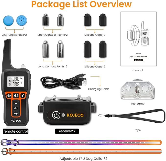 ROJECO Dog Shock Collar for 2 Dogs 3300FT Remote,IPX7 2 Dogs 4 to 120 lbs,3