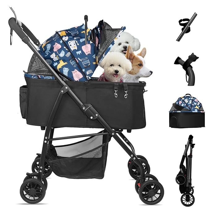 MILA&LOUIS Foldable Dog Stroller 4 Wheels 3 in 1 Folding 30lbs