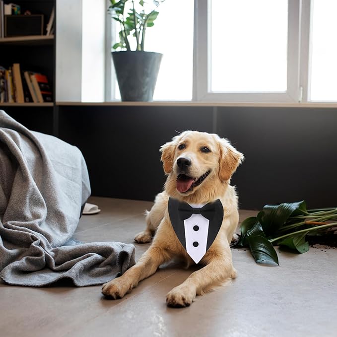 Dog Tuxedo Wedding Bandana Collar with Bow Tie 15”-25”)