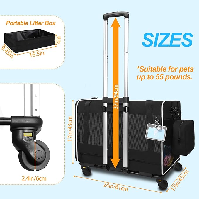 Petskd Large Pet Carrier with Wheels 24"x17"x17" for Large Cats 2 Cats