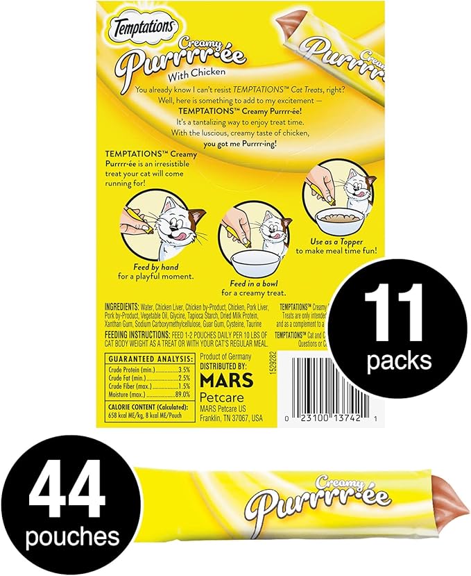 Temptations Creamy Puree Squeezable Lickable Wet Cat Treats with Chicken 0.42 oz. 4 Count 11) - 44 Count