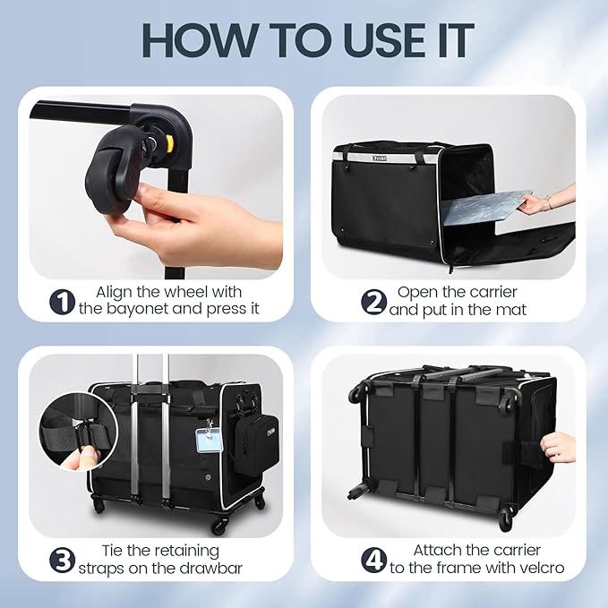 Petskd Extra Large Cat Carrier with Wheels and Litter Box 24"x17"x17" Rolling 55LBS Pets 5 Breathable